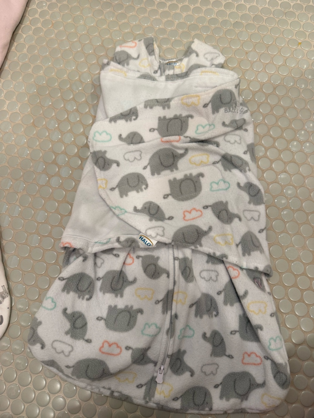 Halo Fleece Sleep Sack in Gray with Elephant & Pastel Clouds